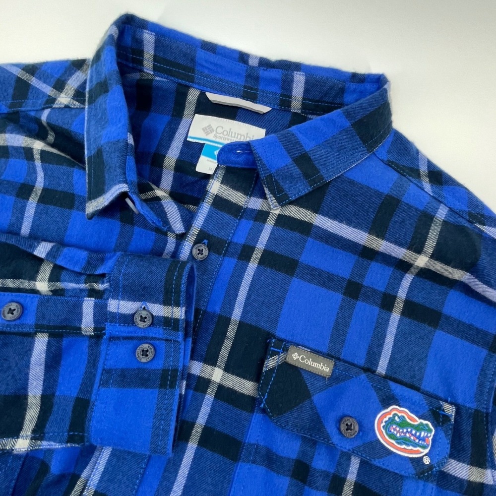 Columbia Flannel Shirt Mens XL Blue Plaid Florida Gators Logo Button Down